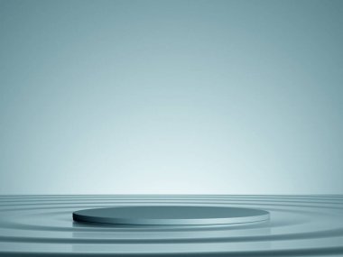 3D su üzerinde podyumu beyaz, mavi arka planda gösterir. Ürün reklamları için 3 boyutlu gerçekçi sunum. 3d en küçük illüstrasyon