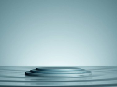 3D su üzerinde podyumu beyaz, mavi arka planda gösterir. Ürün reklamları için 3 boyutlu gerçekçi sunum. 3d en küçük illüstrasyon