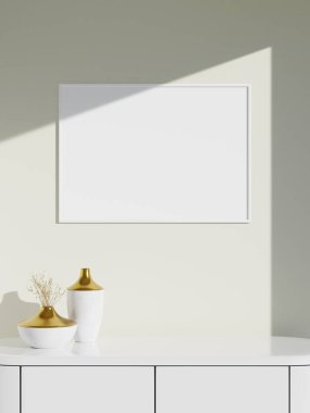 Duvardaki çerçeve modeli. Poster modeli. Temiz, modern, minimal çerçeve. İçerideki boş çerçeve, metin veya ürünü göster