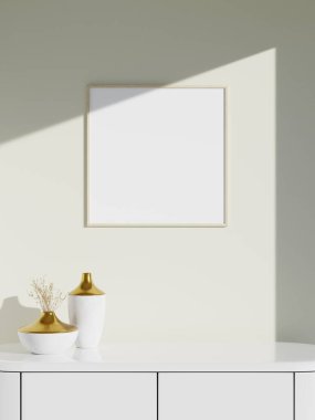 Duvardaki çerçeve modeli. Poster modeli. Temiz, modern, minimal çerçeve. İçerideki boş çerçeve, metin veya ürünü göster