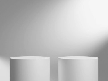 Geometrik podyum platformlu 3D ürün minimal görüntüsü. Podyumlu silindir arkaplan 3d. Kozmetik ürünleri anlamına geliyor. Temelde sahne gösterisi