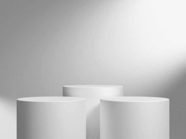 Geometrik podyum platformlu 3D ürün minimal görüntüsü. Podyumlu silindir arkaplan 3d. Kozmetik ürünleri anlamına geliyor. Temelde sahne gösterisi