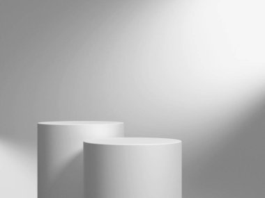 Geometrik podyum platformlu 3D ürün minimal görüntüsü. Podyumlu silindir arkaplan 3d. Kozmetik ürünleri anlamına geliyor. Temelde sahne gösterisi