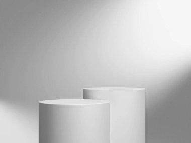 Geometrik podyum platformlu 3D ürün minimal görüntüsü. Podyumlu silindir arkaplan 3d. Kozmetik ürünleri anlamına geliyor. Temelde sahne gösterisi