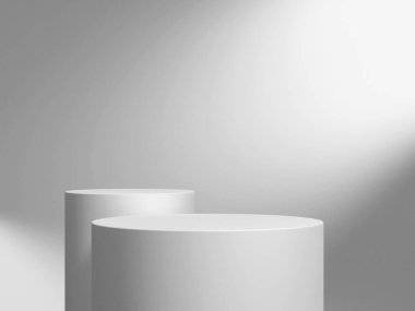 Geometrik podyum platformlu 3D ürün minimal görüntüsü. Podyumlu silindir arkaplan 3d. Kozmetik ürünleri anlamına geliyor. Temelde sahne gösterisi