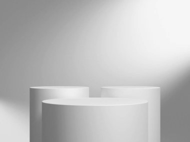 Geometrik podyum platformlu 3D ürün minimal görüntüsü. Podyumlu silindir arkaplan 3d. Kozmetik ürünleri anlamına geliyor. Temelde sahne gösterisi