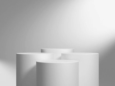 Geometrik podyum platformlu 3D ürün minimal görüntüsü. Podyumlu silindir arkaplan 3d. Kozmetik ürünleri anlamına geliyor. Temelde sahne gösterisi