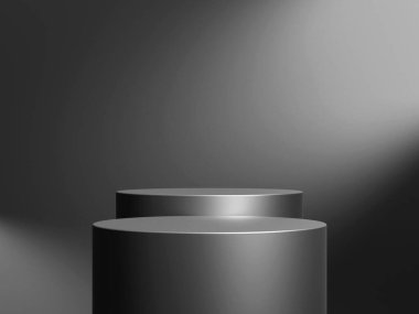 Geometrik podyum platformlu 3D ürün minimal görüntüsü. Podyumlu silindir arkaplan 3d. Kozmetik ürünleri anlamına geliyor. Temelde sahne gösterisi