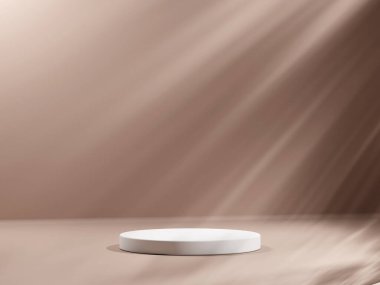 Geometrik podyum platformlu 3D ürün kahverengi minimal sahne. Podyumlu silindir arkaplan 3d. Kozmetik ürünleri anlamına geliyor. 3D Kahverengi Stüdyoda Sahne Gösterimi