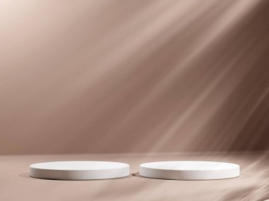 Geometrik podyum platformlu 3D ürün kahverengi minimal sahne. Podyumlu silindir arkaplan 3d. Kozmetik ürünleri anlamına geliyor. 3D Kahverengi Stüdyoda Sahne Gösterimi