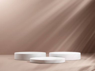 Geometrik podyum platformlu 3D ürün kahverengi minimal sahne. Podyumlu silindir arkaplan 3d. Kozmetik ürünleri anlamına geliyor. 3D Kahverengi Stüdyoda Sahne Gösterimi