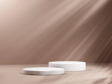 Geometrik podyum platformlu 3D ürün kahverengi minimal sahne. Podyumlu silindir arkaplan 3d. Kozmetik ürünleri anlamına geliyor. 3D Kahverengi Stüdyoda Sahne Gösterimi