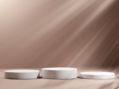 Geometrik podyum platformlu 3D ürün kahverengi minimal sahne. Podyumlu silindir arkaplan 3d. Kozmetik ürünleri anlamına geliyor. 3D Kahverengi Stüdyoda Sahne Gösterimi