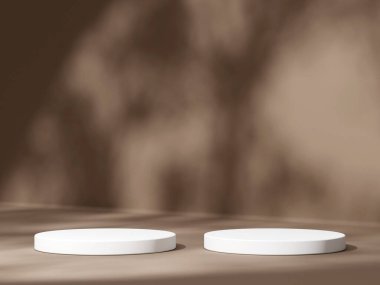 Geometrik podyum platformlu 3D ürün kahverengi minimal sahne. Podyumlu silindir arkaplan 3d. Kozmetik ürünleri anlamına geliyor. 3D Kahverengi Stüdyoda Sahne Gösterimi