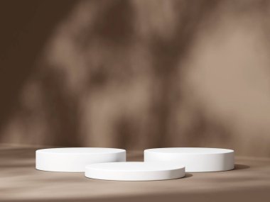 Geometrik podyum platformlu 3D ürün kahverengi minimal sahne. Podyumlu silindir arkaplan 3d. Kozmetik ürünleri anlamına geliyor. 3D Kahverengi Stüdyoda Sahne Gösterimi