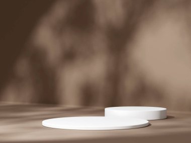 Geometrik podyum platformlu 3D ürün kahverengi minimal sahne. Podyumlu silindir arkaplan 3d. Kozmetik ürünleri anlamına geliyor. 3D Kahverengi Stüdyoda Sahne Gösterimi