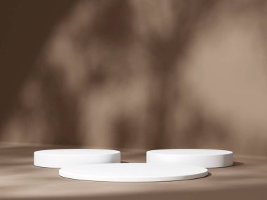 Geometrik podyum platformlu 3D ürün kahverengi minimal sahne. Podyumlu silindir arkaplan 3d. Kozmetik ürünleri anlamına geliyor. 3D Kahverengi Stüdyoda Sahne Gösterimi
