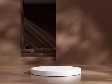 Boş podyum ya da kahverengi arkaplanda silindir standı konsepti olan kaide görüntüsü. Boş ürün rafı ayakta duruyor