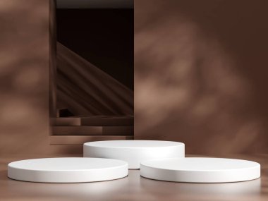 Boş podyum ya da kahverengi arkaplanda silindir standı konsepti olan kaide görüntüsü. Boş ürün rafı ayakta duruyor
