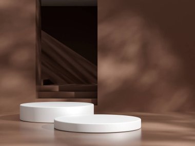 Boş podyum ya da kahverengi arkaplanda silindir standı konsepti olan kaide görüntüsü. Boş ürün rafı ayakta duruyor