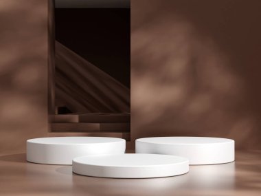 Boş podyum ya da kahverengi arkaplanda silindir standı konsepti olan kaide görüntüsü. Boş ürün rafı ayakta duruyor