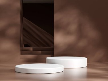 Boş podyum ya da kahverengi arkaplanda silindir standı konsepti olan kaide görüntüsü. Boş ürün rafı ayakta duruyor