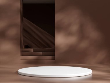 Boş podyum ya da kahverengi arkaplanda silindir standı konsepti olan kaide görüntüsü. Boş ürün rafı ayakta duruyor