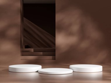 Boş podyum ya da kahverengi arkaplanda silindir standı konsepti olan kaide görüntüsü. Boş ürün rafı ayakta duruyor