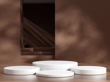 Boş podyum ya da kahverengi arkaplanda silindir standı konsepti olan kaide görüntüsü. Boş ürün rafı ayakta duruyor