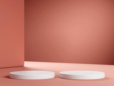 Geometrik podyum platformlu 3D ürün kırmızı minimal sahne. Podyumlu silindir arkaplan 3d. Kozmetik ürünleri anlamına geliyor. 3D bej stüdyosunda sahne gösterisi.