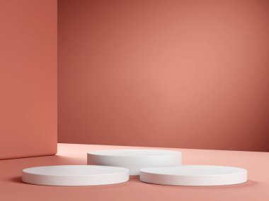 Geometrik podyum platformlu 3D ürün kırmızı minimal sahne. Podyumlu silindir arkaplan 3d. Kozmetik ürünleri anlamına geliyor. 3D bej stüdyosunda sahne gösterisi.
