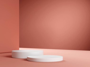 Geometrik podyum platformlu 3D ürün kırmızı minimal sahne. Podyumlu silindir arkaplan 3d. Kozmetik ürünleri anlamına geliyor. 3D bej stüdyosunda sahne gösterisi.