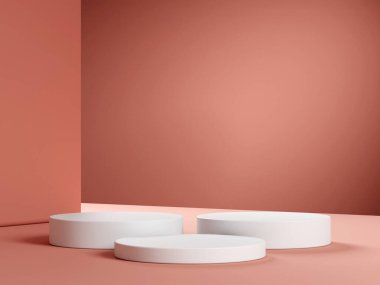 Geometrik podyum platformlu 3D ürün kırmızı minimal sahne. Podyumlu silindir arkaplan 3d. Kozmetik ürünleri anlamına geliyor. 3D bej stüdyosunda sahne gösterisi.
