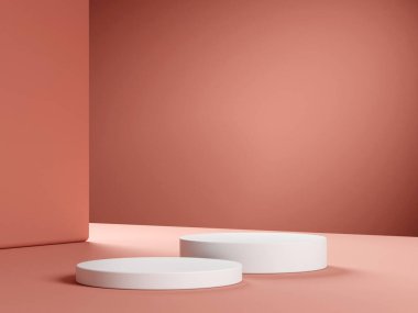 Geometrik podyum platformlu 3D ürün kırmızı minimal sahne. Podyumlu silindir arkaplan 3d. Kozmetik ürünleri anlamına geliyor. 3D bej stüdyosunda sahne gösterisi.