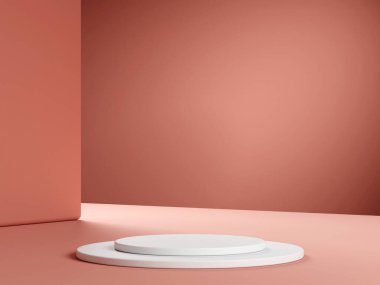Geometrik podyum platformlu 3D ürün kırmızı minimal sahne. Podyumlu silindir arkaplan 3d. Kozmetik ürünleri anlamına geliyor. 3D bej stüdyosunda sahne gösterisi.