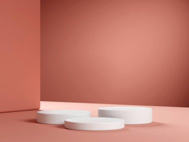 Geometrik podyum platformlu 3D ürün kırmızı minimal sahne. Podyumlu silindir arkaplan 3d. Kozmetik ürünleri anlamına geliyor. 3D bej stüdyosunda sahne gösterisi.