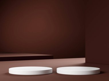 Geometrik podyum platformlu 3D ürün kırmızı minimal sahne. Podyumlu silindir arkaplan 3d. Kozmetik ürünleri anlamına geliyor. 3D bej stüdyosunda sahne gösterisi.