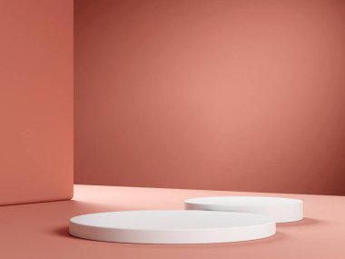 Geometrik podyum platformlu 3D ürün kırmızı minimal sahne. Podyumlu silindir arkaplan 3d. Kozmetik ürünleri anlamına geliyor. 3D bej stüdyosunda sahne gösterisi.