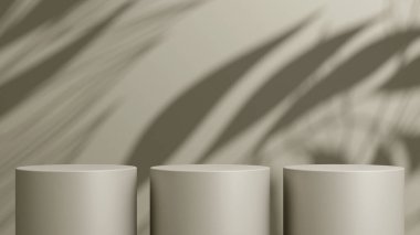 Geometrik podyum platformlu 3D ürün kahverengi minimal sahne. Podyumlu silindir arkaplan 3d. Kozmetik ürünleri anlamına gelir.