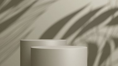 Geometrik podyum platformlu 3D ürün kahverengi minimal sahne. Podyumlu silindir arkaplan 3d. Kozmetik ürünleri anlamına gelir.