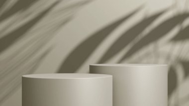 Geometrik podyum platformlu 3D ürün kahverengi minimal sahne. Podyumlu silindir arkaplan 3d. Kozmetik ürünleri anlamına gelir.