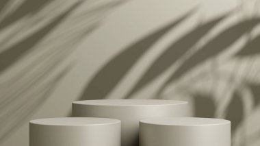 Geometrik podyum platformlu 3D ürün kahverengi minimal sahne. Podyumlu silindir arkaplan 3d. Kozmetik ürünleri anlamına gelir.