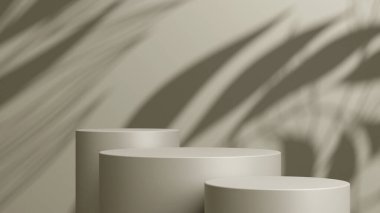 Geometrik podyum platformlu 3D ürün kahverengi minimal sahne. Podyumlu silindir arkaplan 3d. Kozmetik ürünleri anlamına gelir.