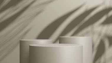 Geometrik podyum platformlu 3D ürün kahverengi minimal sahne. Podyumlu silindir arkaplan 3d. Kozmetik ürünleri anlamına gelir.