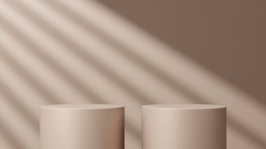 Geometrik podyum platformlu 3D ürün kahverengi minimal sahne. Podyumlu silindir arkaplan 3d. Kozmetik ürünleri anlamına gelir.