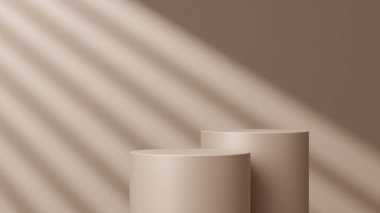 Geometrik podyum platformlu 3D ürün kahverengi minimal sahne. Podyumlu silindir arkaplan 3d. Kozmetik ürünleri anlamına gelir.