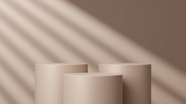 Geometrik podyum platformlu 3D ürün kahverengi minimal sahne. Podyumlu silindir arkaplan 3d. Kozmetik ürünleri anlamına gelir.
