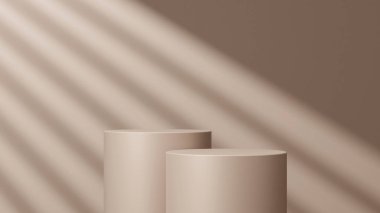 Geometrik podyum platformlu 3D ürün kahverengi minimal sahne. Podyumlu silindir arkaplan 3d. Kozmetik ürünleri anlamına gelir.