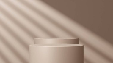 Geometrik podyum platformlu 3D ürün kahverengi minimal sahne. Podyumlu silindir arkaplan 3d. Kozmetik ürünleri anlamına gelir.
