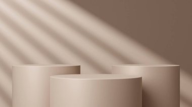 Geometrik podyum platformlu 3D ürün kahverengi minimal sahne. Podyumlu silindir arkaplan 3d. Kozmetik ürünleri anlamına gelir.